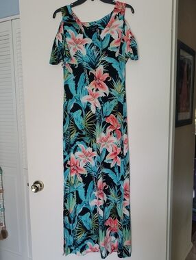 connected apparel Black Maxi Dress with Teal and Pink Floral Print